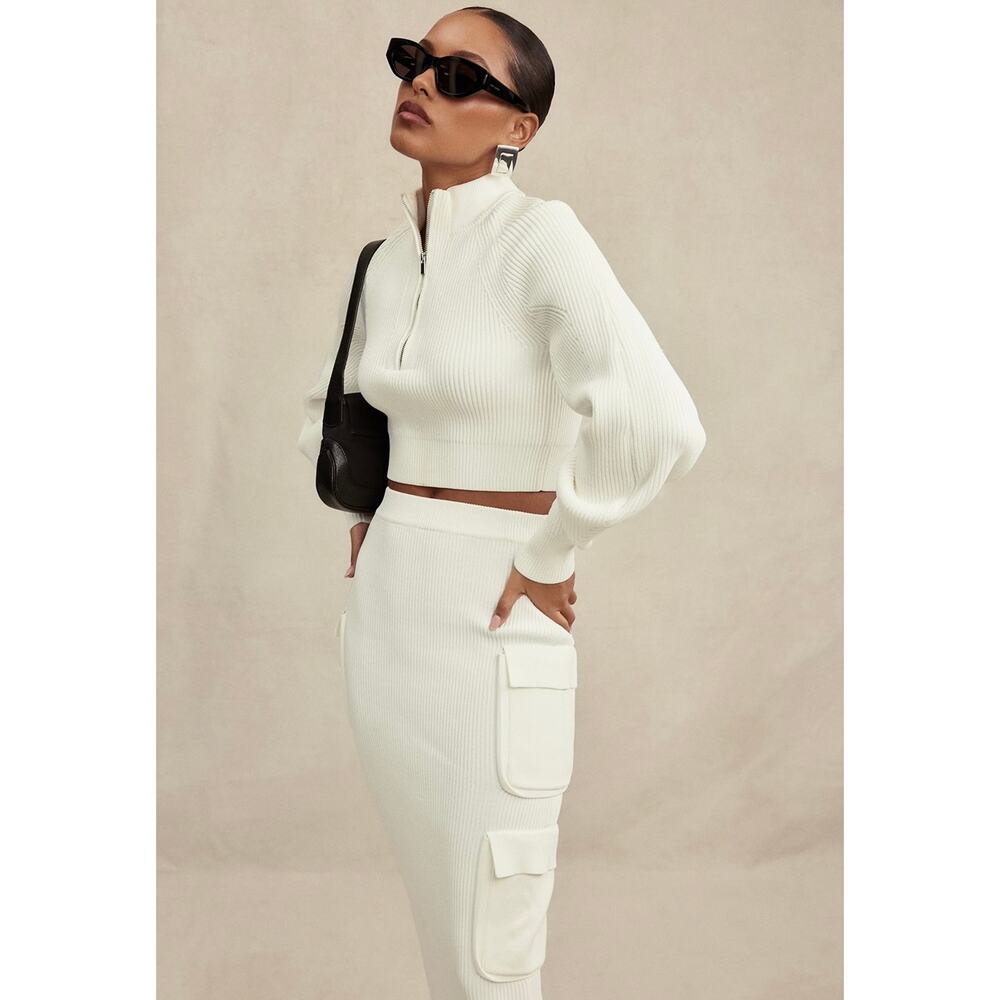NWOT House of CB Reeva White Balloon Sleeve Ribbed Sweater Zip Top Size Small - Picture 3 of 16